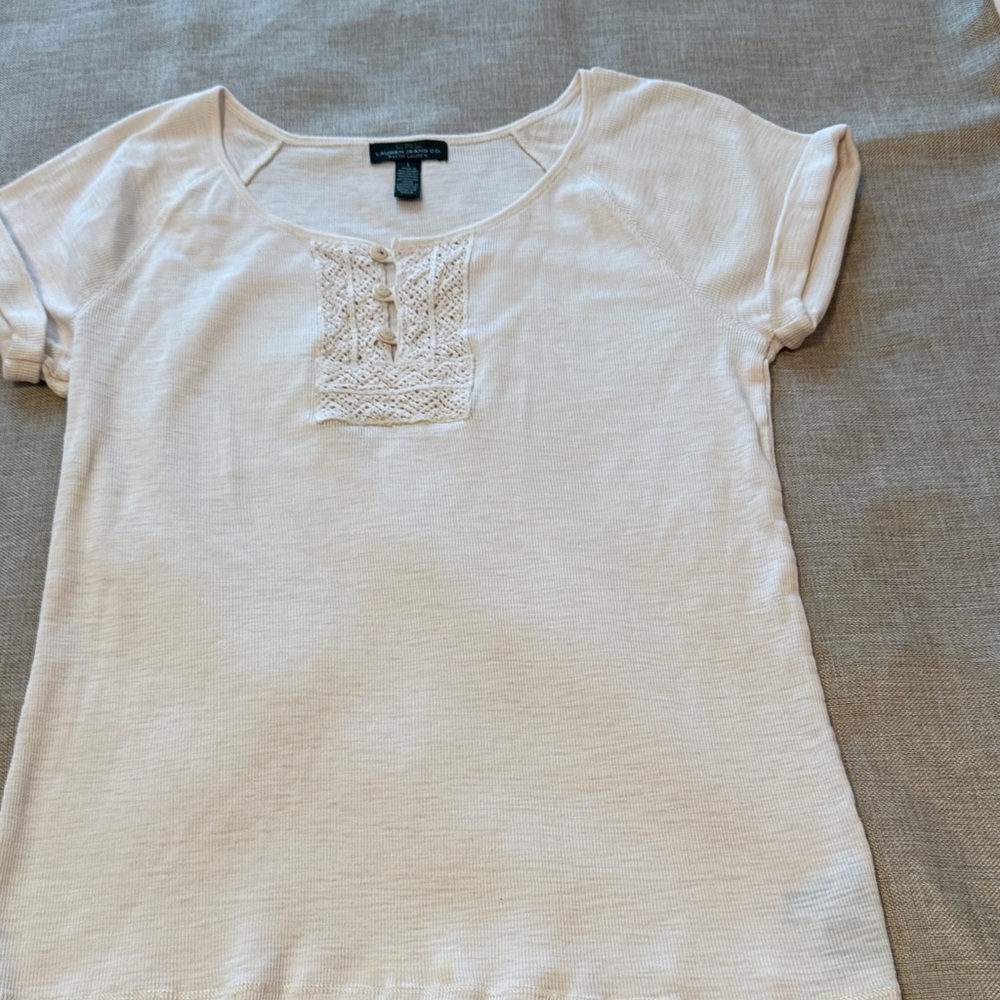 Lauren Jeans Co Ralph Lauren TShirt with Lace Trim Size L Boho, Festival,